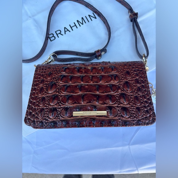 Brahmin Minuette Rich Brown Croc-Embossed Crossbody Bag - Picture 3 of 11